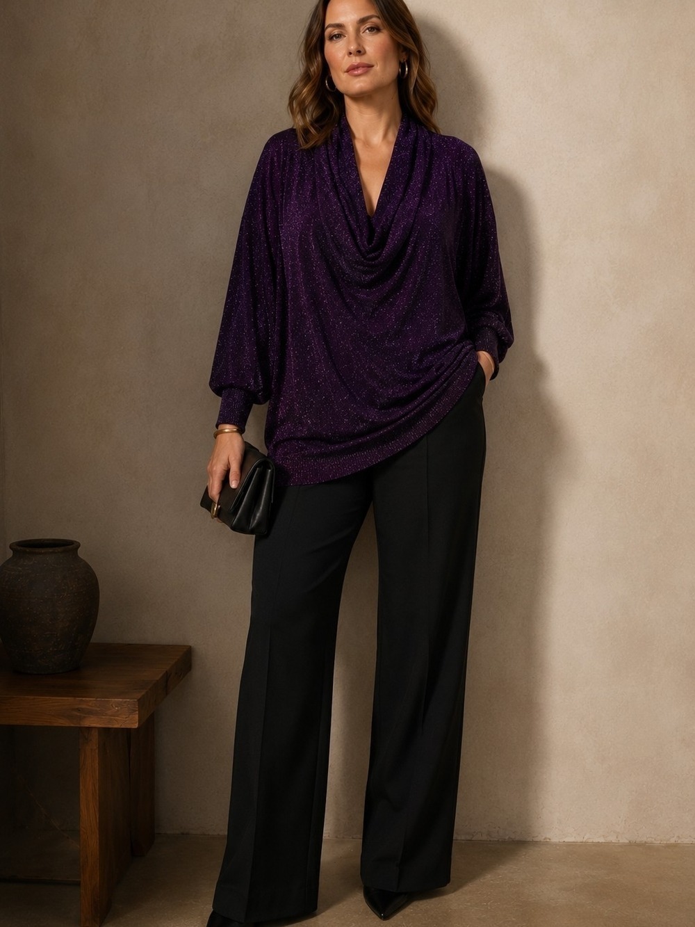 “AECity 2X Purple Metallic Shimmer Cowl Neck Tunic Top Mini Dress Y2K Party Glam